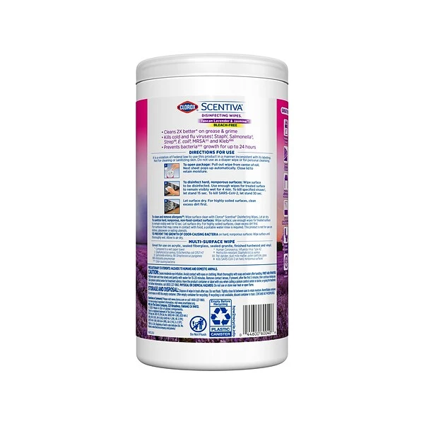 Clorox Scentiva Disinfecting Wipes, Tuscan Lavender & Jasmine Scent, 75 Wipes/Pack, 6 Packs/Carton (60040CT) 1 Clorox Scentiva Disinfecting Wipes, Tuscan Lavender & Jasmine Scent, 75 Wipes/Pack, 6 Packs/Carton (60040CT)