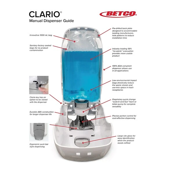 Betco Clario Manual Lotion Soap And Hand Sanitizer Gel Dispenser, 1000mL., Black (9182000) 3 Betco Clario Manual Lotion Soap And Hand Sanitizer Gel Dispenser, 1000mL., Black (9182000) - Image 3