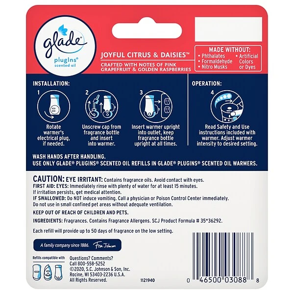 Glade® Glade PlugIns Scented Oil Refill, Joyful Citrus & Daisies, 0.67 Oz., 2/Pack (326634) 1 Glade® Glade PlugIns Scented Oil Refill, Joyful Citrus & Daisies, 0.67 Oz., 2/Pack (326634)