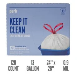Perk™ 13 Gallon Kitchen Trash Bag, 0.9 Mil, White, 120 Bags/Box (PK56750)