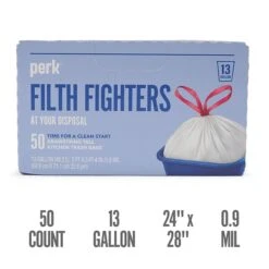 Perk™ 13 Gallon Kitchen Trash Bag, Low Density 0.9 Mil, White, 50 Bags/Box (PK56745)
