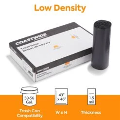 Coastwide Professional™ 50-56 Gal. Reprocessed Resin Trash Bags, Low Density, 1.5 Mil, Black, 25 Bags/Roll, 4 Rolls(CW22341)
