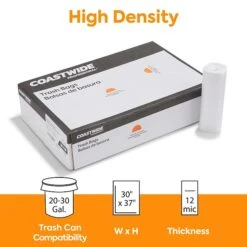 Coastwide Professional™ 20-30 Gal. Trash Bags, High Density, 12 Mic, Natural, 25 Bags/Roll, 20 Rolls (CW18198)