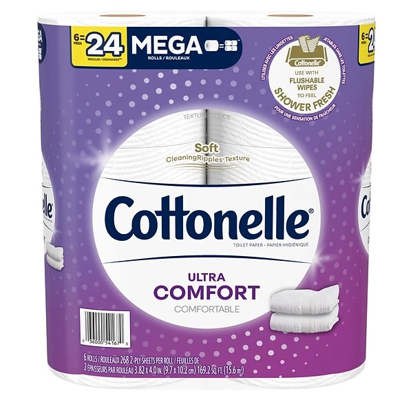 Cottonelle Ultra ComfortCare 2-Ply Standard Toilet Paper, White, 268 Sheets/Roll, 6 Mega Rolls/Pack (48611) 1 Cottonelle Ultra ComfortCare 2-Ply Standard Toilet Paper, White, 268 Sheets/Roll, 6 Mega Rolls/Pack (48611)