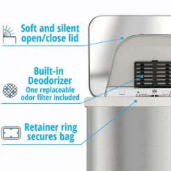 Halo TapCan Stainless Steel Rectangular Pedal Sensor Trash Can With AbsorbX Odor Control System, White Trim, 13 Gal. (TC13SW) 8 Halo TapCan Stainless Steel Rectangular Pedal Sensor Trash Can With AbsorbX Odor Control System, White Trim, 13 Gal. (TC13SW) -Kleenex Shop sp112220790 s7