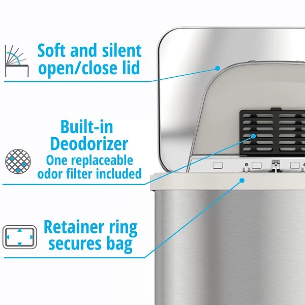 Halo TapCan Stainless Steel Rectangular Pedal Sensor Trash Can With AbsorbX Odor Control System, White Trim, 13 Gal. (TC13SW) 3 Halo TapCan Stainless Steel Rectangular Pedal Sensor Trash Can With AbsorbX Odor Control System, White Trim, 13 Gal. (TC13SW) - Image 3