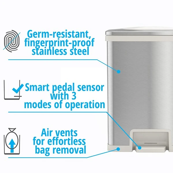 Halo TapCan Stainless Steel Rectangular Pedal Sensor Trash Can With AbsorbX Odor Control System, White Trim, 13 Gal. (TC13SW) 6 Halo TapCan Stainless Steel Rectangular Pedal Sensor Trash Can With AbsorbX Odor Control System, White Trim, 13 Gal. (TC13SW) - Image 6