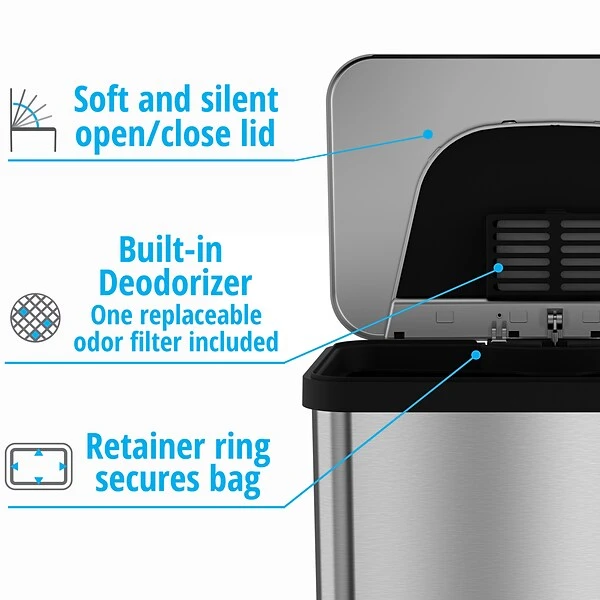 Halo TapCan Stainless Steel Rectangular Pedal Sensor Trash Can With AbsorbX Odor Control System, Black Trim, 13 Gal. (TC13SB) 3 Halo TapCan Stainless Steel Rectangular Pedal Sensor Trash Can With AbsorbX Odor Control System, Black Trim, 13 Gal. (TC13SB) - Image 3