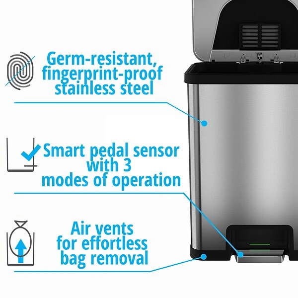 Halo TapCan Stainless Steel Rectangular Pedal Sensor Trash Can With AbsorbX Odor Control System, Black Trim, 13 Gal. (TC13SB) 4 Halo TapCan Stainless Steel Rectangular Pedal Sensor Trash Can With AbsorbX Odor Control System, Black Trim, 13 Gal. (TC13SB) - Image 4