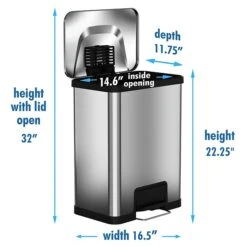 Halo AirStep Stainless Steel Rectangular Step Pedal Trash Can With AbsorbX Odor Control System, 13 Gal., Silver (TR13SS) -Kleenex Shop sp112220933 s7
