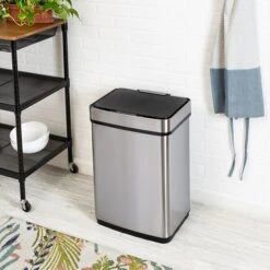 Honey-Can-Do Motion Sensor Steel Indoor Trash Can With Automatic Lid, 13.2 Gallon, Silver (TRS-08414)