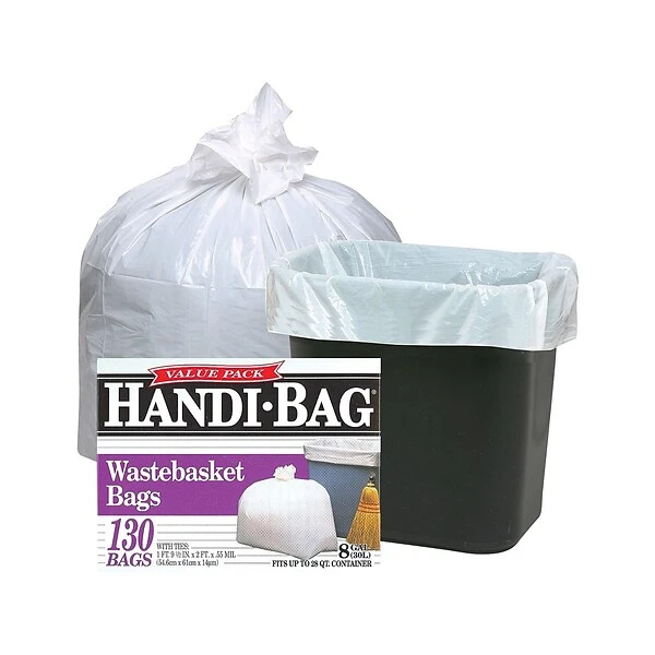 Berry Global Handi-Bag 8 Gal. Tall Kitchen Trash Bags, White, 130 Bags/Box (HAB6FW130-657501) 1 Berry Global Handi-Bag 8 Gal. Tall Kitchen Trash Bags, White, 130 Bags/Box (HAB6FW130-657501)